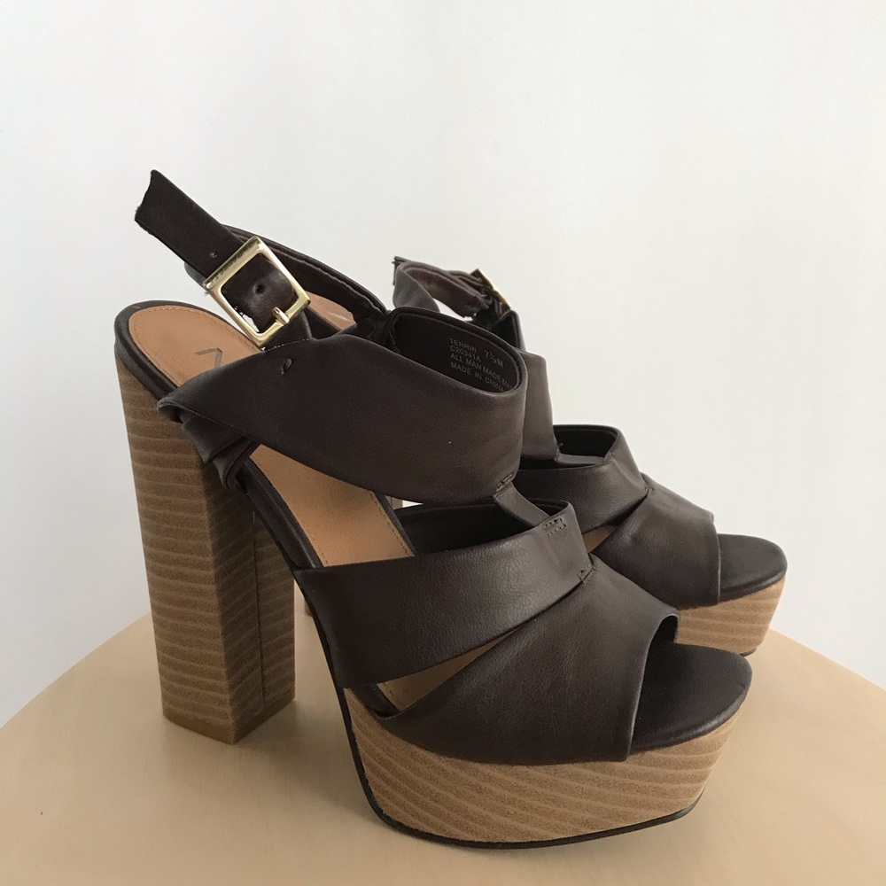 MIA Brown Leather Platform Slingback Heels